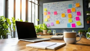 Laptop on a desktop in front of an agile project management whiteboard session